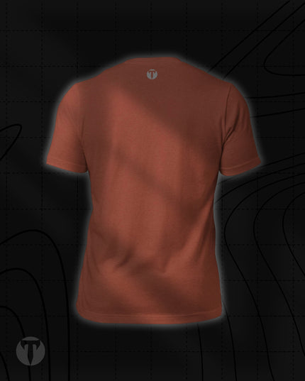 Back view of the Titan 6 Unisex Nomad Tee in Heather Clay, featuring a plain back with a small silver "T" logo centered near the upper collar.
