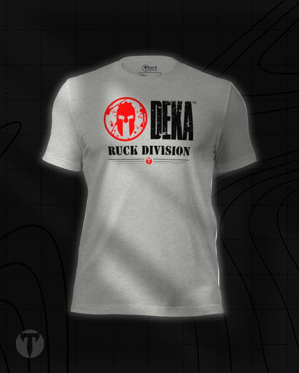 Titan 6 Unisex Nomad Tee in Athletic Heather, featuring the red DEKA Spartan helmet logo with "DEKA RUCK DIVISION" printed across the chest.