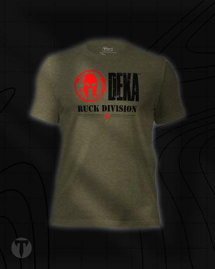 Titan 6 Unisex Nomad Tee in Heather Olive, featuring a red Spartan helmet icon and DEKA Ruck Division graphic centered on the chest.