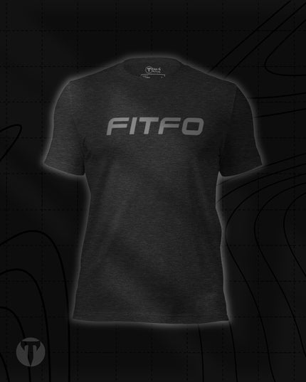 Titan 6 Unisex Nomad Tee in Dark Grey Heather, featuring "FITFO" printed across the chest in bold, silver italicized lettering.