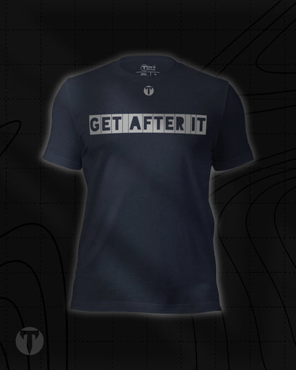 Titan 6 Unisex Nomad Tee in Heather Navy, featuring "GET AFTER IT" printed across the chest in bold block letters, with a small "T" logo centered above it.