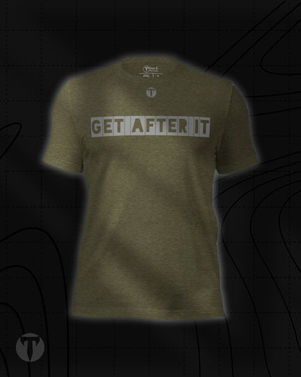 Titan 6 Unisex Nomad Tee in Heather Olive, featuring "GET AFTER IT" in stencil-style block lettering across the chest with a small "T" logo above it.