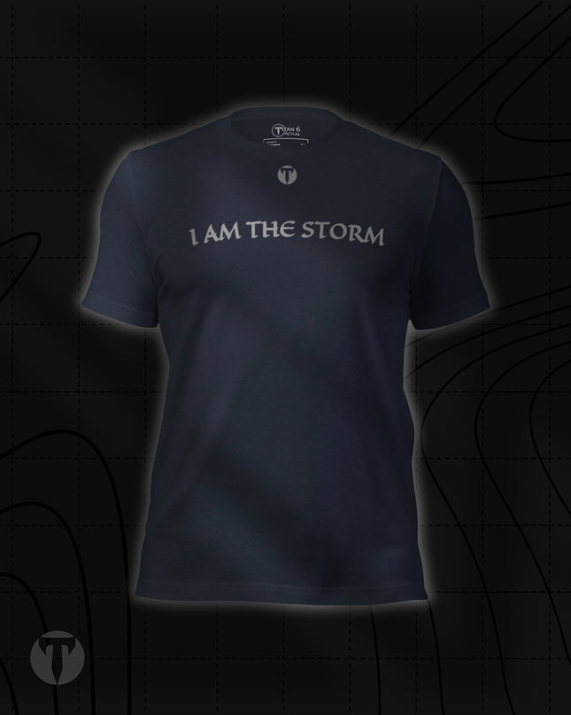 Titan 6 Unisex Nomad Tee in Heather Navy, featuring "I AM THE STORM" printed across the upper chest in a stylized font, with a small "T" logo centered above it.