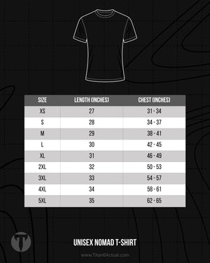Titan 6 Actual Unisex Nomad T-Shirt size chart showing chest width and body length measurements in inches.