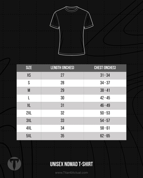 Titan 6 Actual Unisex Nomad T-Shirt size chart showing chest width and body length measurements in inches.