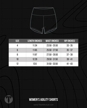Titan 6 Actual Women's Agility Shorts size chart with waist, hip, and inseam measurements in inches.