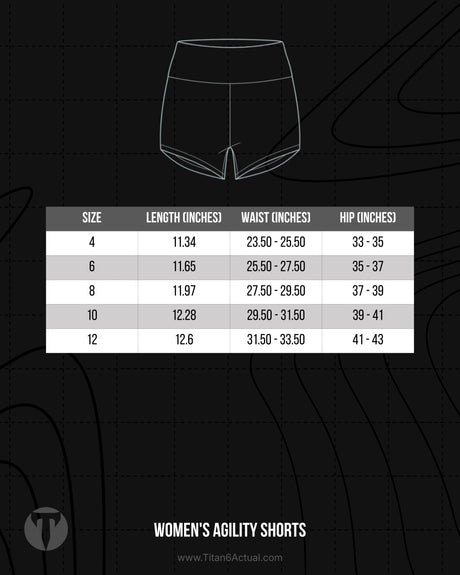 Titan 6 Actual Women's Agility Shorts size chart with waist, hip, and inseam measurements in inches.