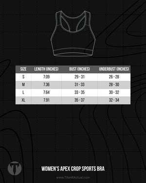 Titan 6 Actual Women's Apex Crop Sports Bra size chart with bust width and support band sizing.