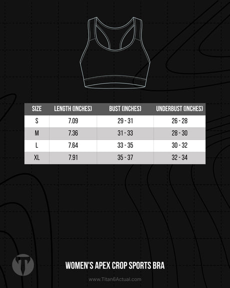 Titan 6 Actual Women's Apex Crop Sports Bra size chart with bust width and support band sizing.