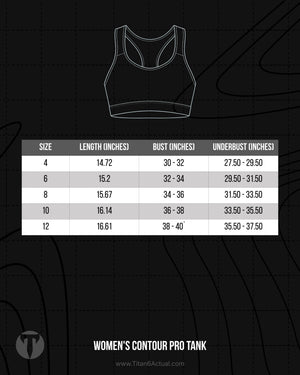 Titan 6 Actual Women's Contour Pro Tank size chart showing bust circumference and overall length guide.