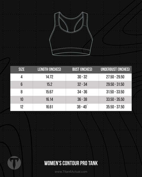 Titan 6 Actual Women's Contour Pro Tank size chart showing bust circumference and overall length guide.