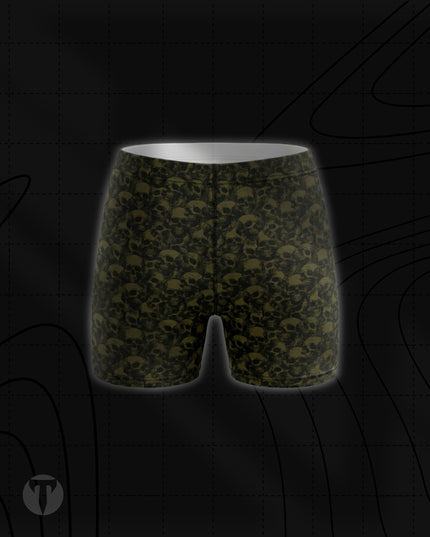 Titan 6 Women's Glide Shorts in Golgotha, featuring an all-over olive drab green and black skull pattern shown on the back of the shorts.