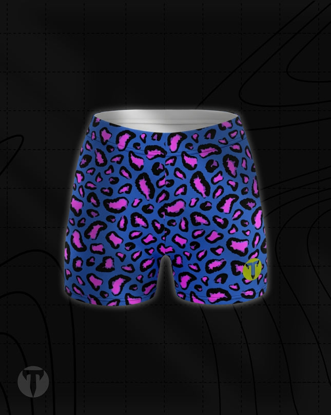 Titan 6 Women's Glide Shorts in Electric Leopard, featuring a vibrant royal blue and pink leopard animal print with a yellow "T" logo on the lower left leg.