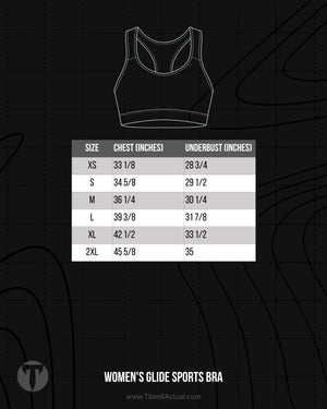 Titan 6 Actual Women's Glide Sports Bra size chart showing bust, band measurements, and cup size recommendations.