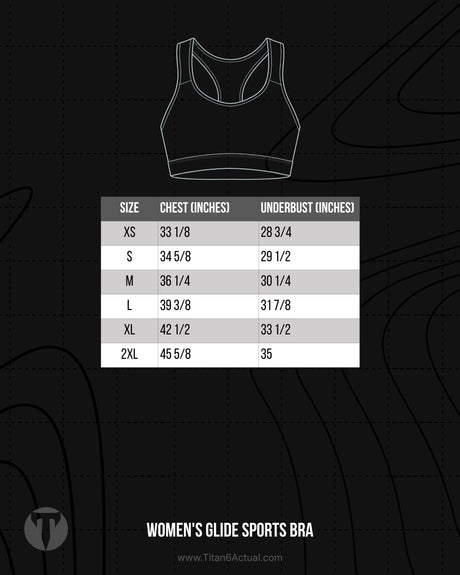 Titan 6 Actual Women's Glide Sports Bra size chart showing bust, band measurements, and cup size recommendations.