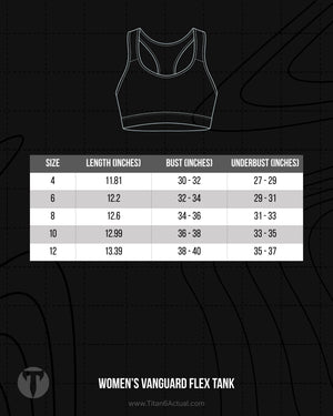Titan 6 Actual Women's Vanguard Flex Tank size chart with bust width and body length measurements.