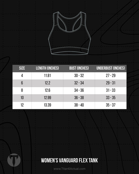 Titan 6 Actual Women's Vanguard Flex Tank size chart with bust width and body length measurements.