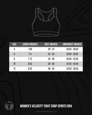 Titan 6 Actual Women's Velocity Tight Crop Sports Bra size chart with bust width and band measurements.