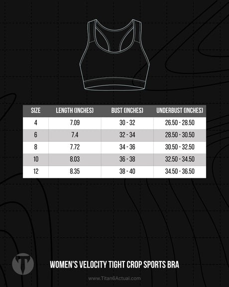 Titan 6 Actual Women's Velocity Tight Crop Sports Bra size chart with bust width and band measurements.