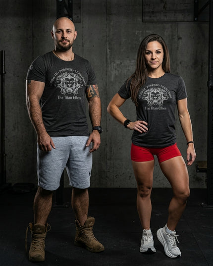 Titan 6 Actual Titan Ethos graphic tee worn with grey shorts and red athletic shorts in gym environment.