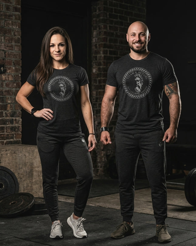 Titan 6 Actual athletic apparel on male and female operators wearing Zeus graphic tee and grey joggers in gym environment