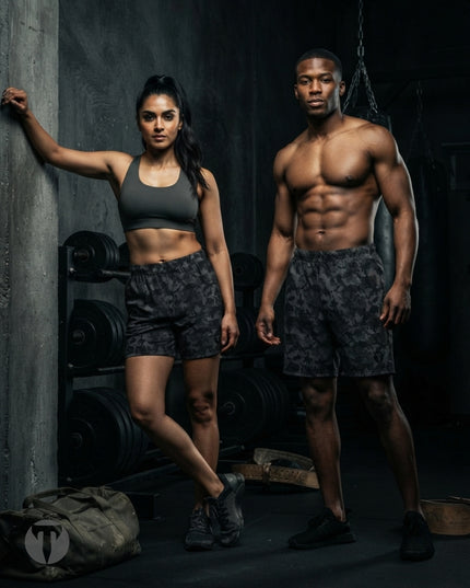 A man and a woman posing in a gym setting, both wearing matching Titan 6 Endure 6.5 inch linerless shorts in the Twilight Camo pattern. The background features gym equipment, weights, and a dark concrete wall.