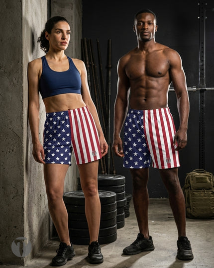A man and a woman standing in a gym setting, both wearing matching Titan 6 Endure shorts in Old Glory pattern.  The woman is also wearing a navy blue sports bra.
