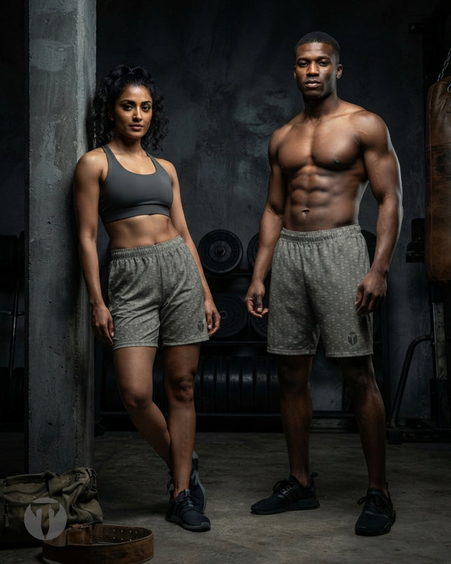 A man and a woman standing in a dark gym setting, both wearing matching Titan 6 Endure 6.5 inch linerless shorts in the Dragon's Den patter. The woman wears a dark gray sports bra, and the man is shirtless, showcasing his toned physique.