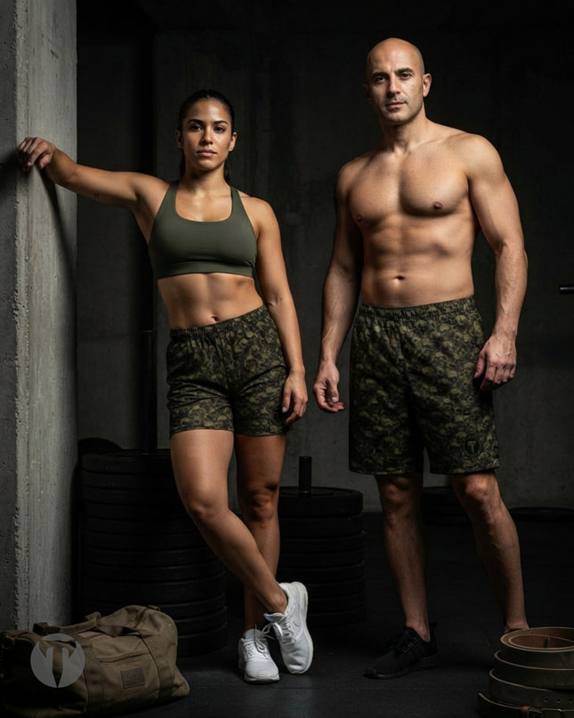 A man and a woman posing in a dark gym environment. The woman wears an olive green sports bra and matching Titan 6 Endure 6.5 inch linerless shorts in the Golgotha pattern, while the man wears matching shorts and is shirtless.