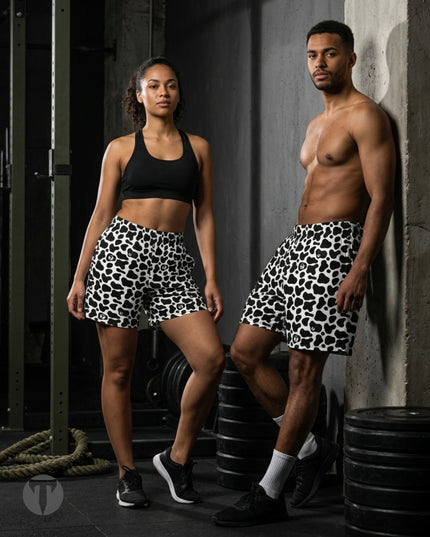 A man and a woman posing in a gym setting wearing matching Titan 6 Endure 6.5 inch linerless shorts in 
the Udder Chaos patter, while the man is shirtless and the woman is wearing a black sports bra.