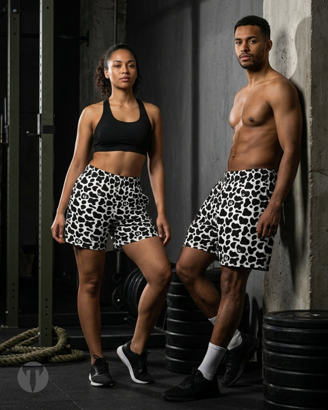 A man and a woman posing in a gym setting wearing matching Titan 6 Endure 6.5 inch linerless shorts in 
the Udder Chaos patter, while the man is shirtless and the woman is wearing a black sports bra.