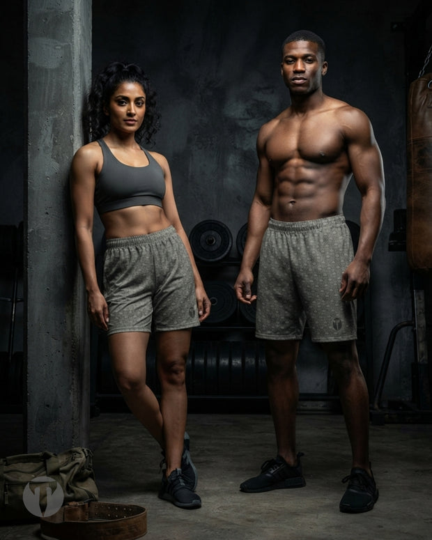 A man and a woman standing in a dark gym setting, both wearing matching gray athletic shorts and tops. The woman wears a dark gray sports bra, and the man is shirtless, showcasing his toned physique.