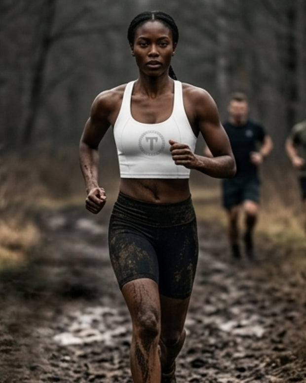 A woman running on a muddy forest trail wearing a white Titan 6 Contour Pro Tank sports bra with the Elite logo and dark athletic shorts, with blurred runners behind her in a wooded outdoor setting.
