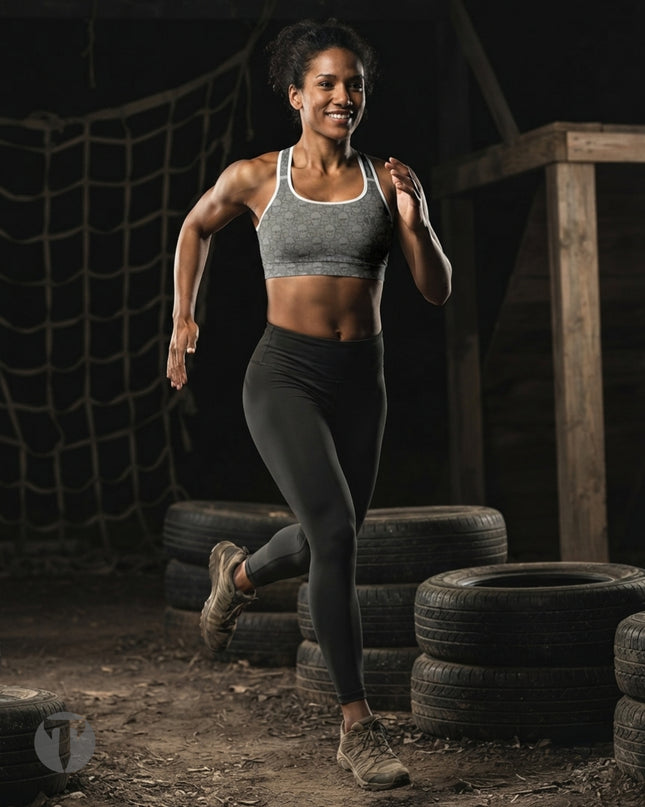 A woman running outdoors in a gym-like setting, wearing a Titan 6 Glide Sports Bra in the Dragon's Den pattern and black leggings, with stacked tires and wooden structures in the background.